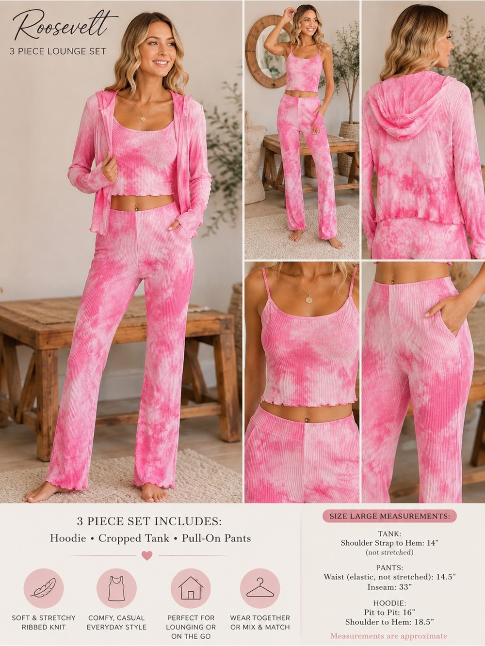 3-Piece Women's Lounge Set - Pink Tie-Dye